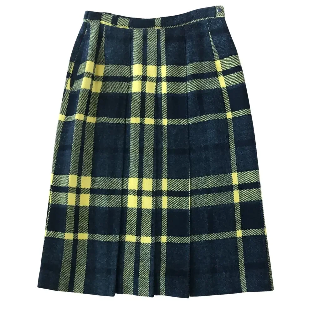 1970s Personal Plaid Wool Pleated Midi Skirt Size 12 w/ Pockets  medium